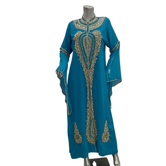 Handmade Dresses & Skirts - Moroccan Kaftan Maxi Dress Turquoise Hand Beaded Dubai Style Long Sleeve Formal